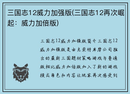 三国志12威力加强版(三国志12再次崛起：威力加倍版)